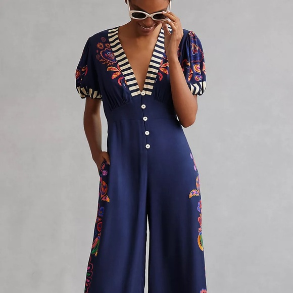 NWT Farm Rio Deep V Jumpsuit Size S Small Navy Blue Hearts Floral Tropical - Picture 4 of 8